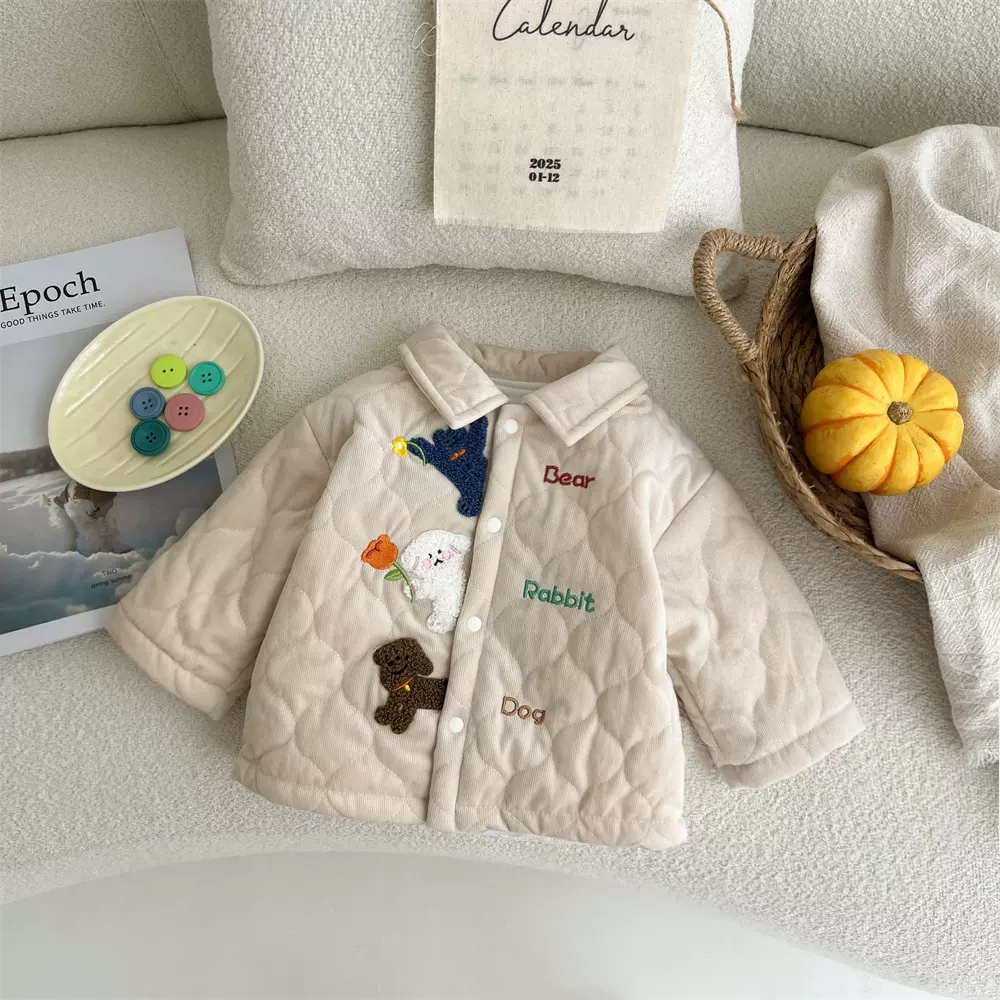 儿童秋冬季加厚保暖外套夹棉冬装可爱婴幼儿棉服加绒牛仔裤套装