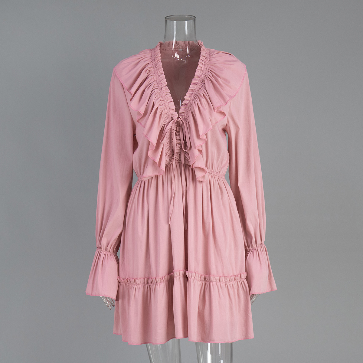 Cross-Border V-Neck Women 2025 Spring Summer New Flared Sleeve European And American Style Short Chiffon Dress_ecoleips.com