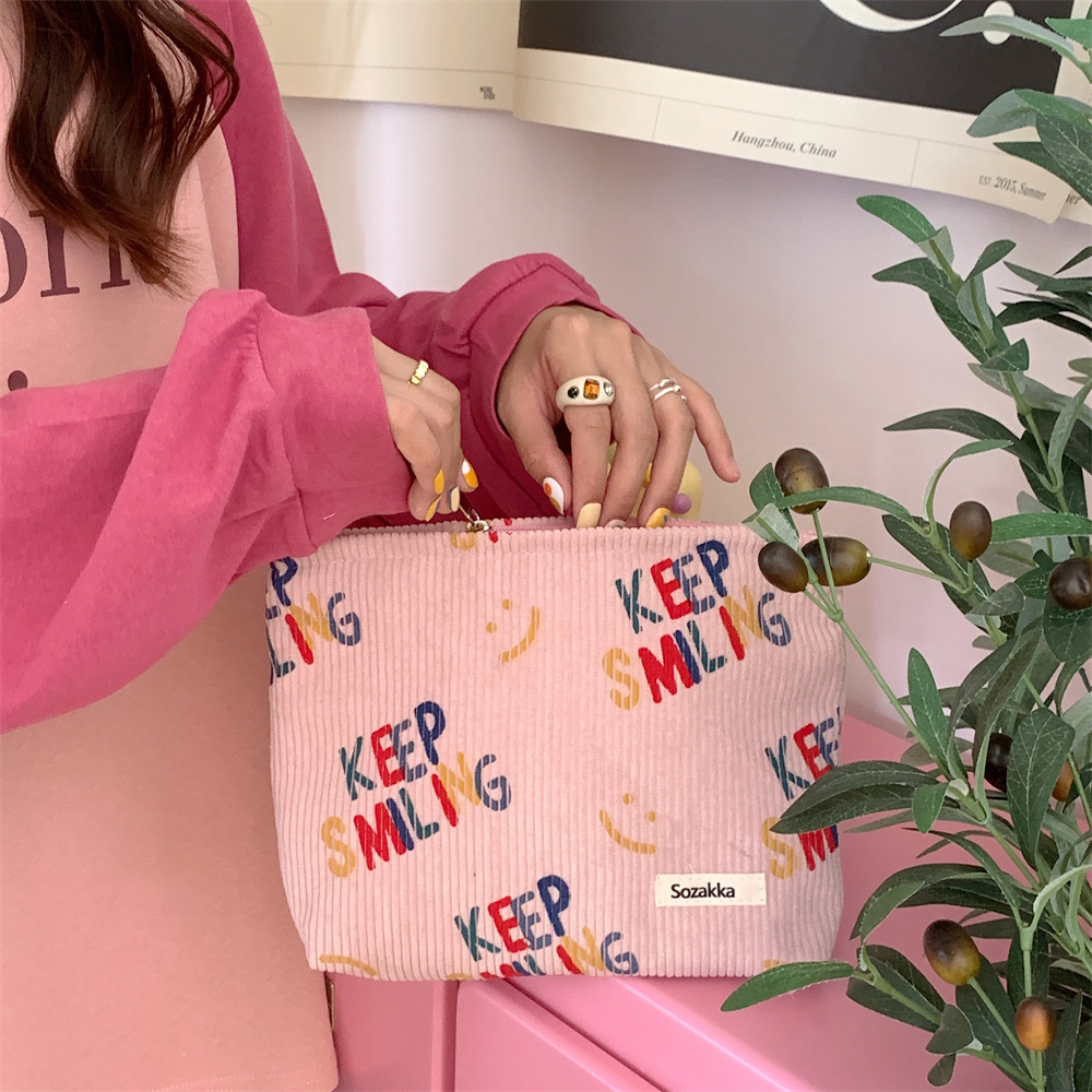 38181 New 2023 Corduroy cosmetic Bag, Letter smiley face storage, washroom clutch, Mobile phone wallet, Pen case undefined