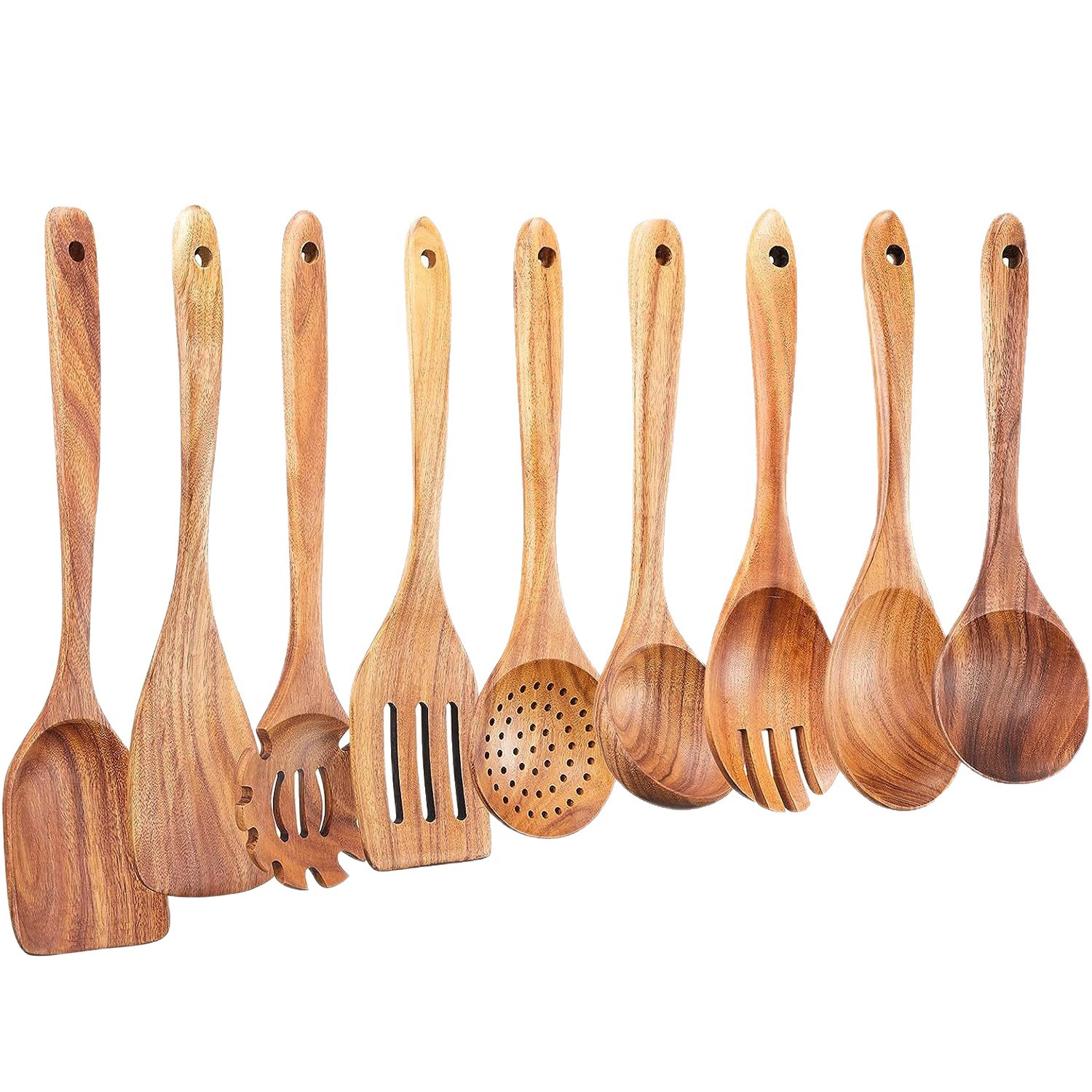 Set de madera de teca horquilla de madera sólida horquilla antiadherente horquilla de madera de acacia cocina utensilios de cocina de mango largo horquilla de verduras pala de cocina conjunto de varias piezas