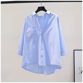设计感小清新浅蓝色棉布衬衫女士春夏新款韩版单口袋宽松衬衣上衣