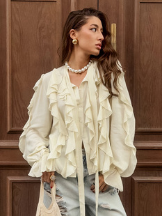 (Трансграничная торговля), абрикосовая рубашка, лонгслив, европейский стиль, осенняя, V-образный вырез