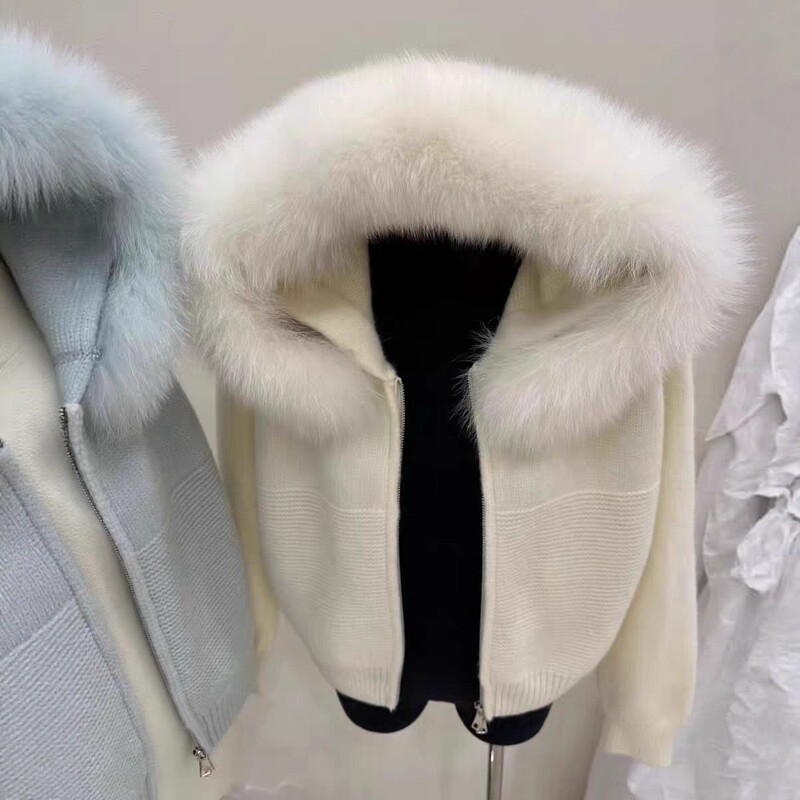 [Hf] 2025 New Fox Fur Sweater Fashionable Cardigan Zipper Hooded Fur Jacket for Women K-Style