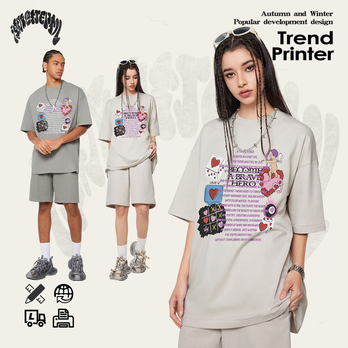 2025 primavera y verano Europa y América marca de moda digital suelta impresión de inyección directa marca de moda retro cuello redondo camiseta de manga corta hombre transfronterizo