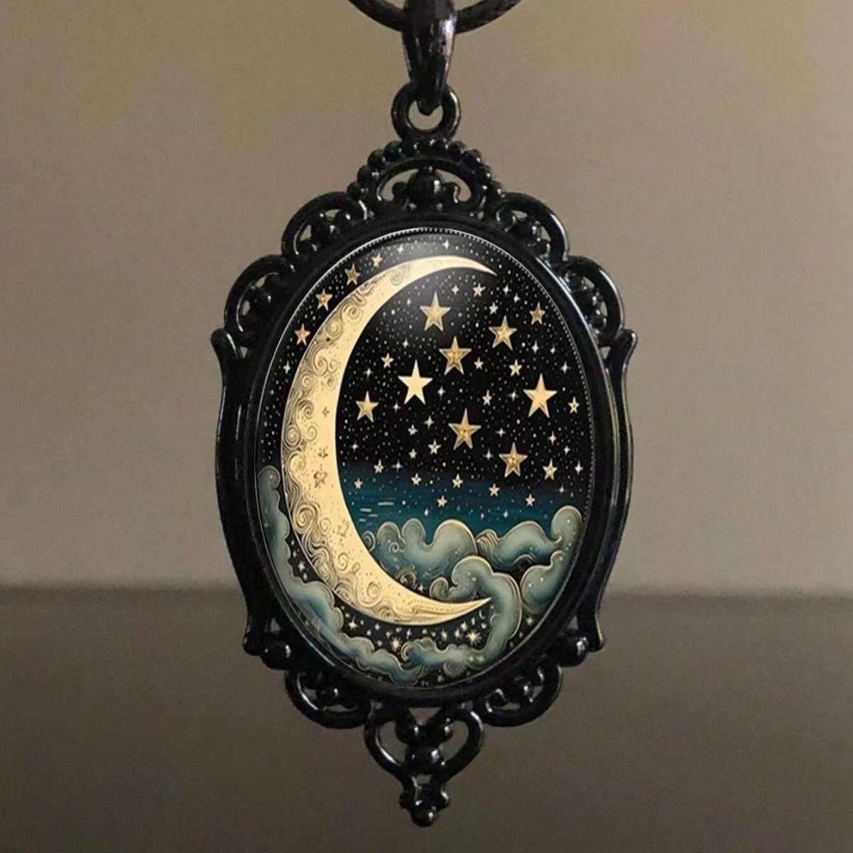 Black glass pendant necklace with gothic moon and starry sky pattern for women daily use