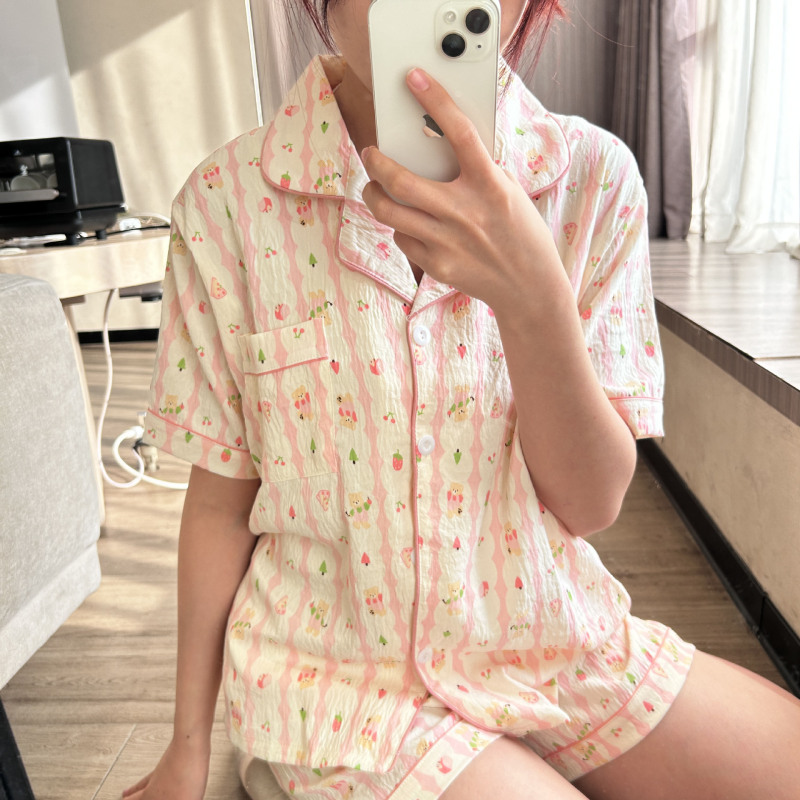 夏の少女雲綿パジャマ女性半袖半ズボン甘い少女粉縞家庭セットパジャマ女性|undefined