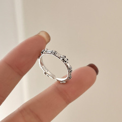 復古鳶尾戒指女做舊十字架浮雕花紋精緻S925銀開口指環ins食指戒