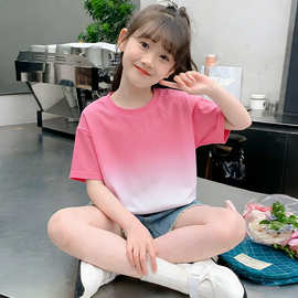 批发童装纯色扎染男女短袖t恤衫夏季儿童宝宝半袖上衣幼儿园班服