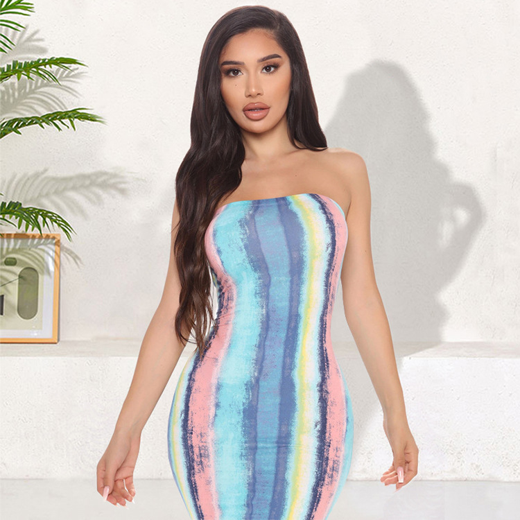 Colorful Print One Word Shoulder Bodycon Dress NSGLS72826