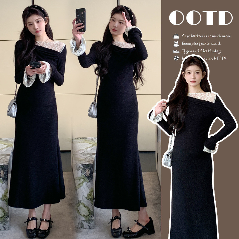 Fashionable Maternity Wear for Pregnant Women, New Spring Style, French Style Slimming Lace Trim Off-The-Shoulder Little Black Dress Maternity Dress
