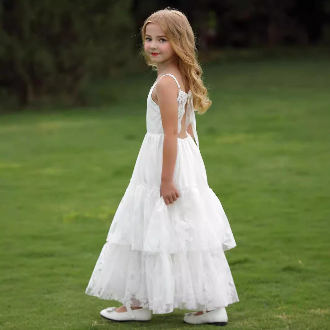 Nuevo comercio exterior transfronterizo niño lindo vestido de cuello en V sin mangas espalda de encaje espectáculo de cumpleaños flores vestido pequeño