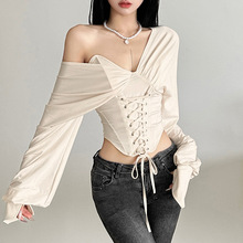 跨境2024欧美风秋冬新款女装纯色修身街头时尚一字领露背长袖上衣