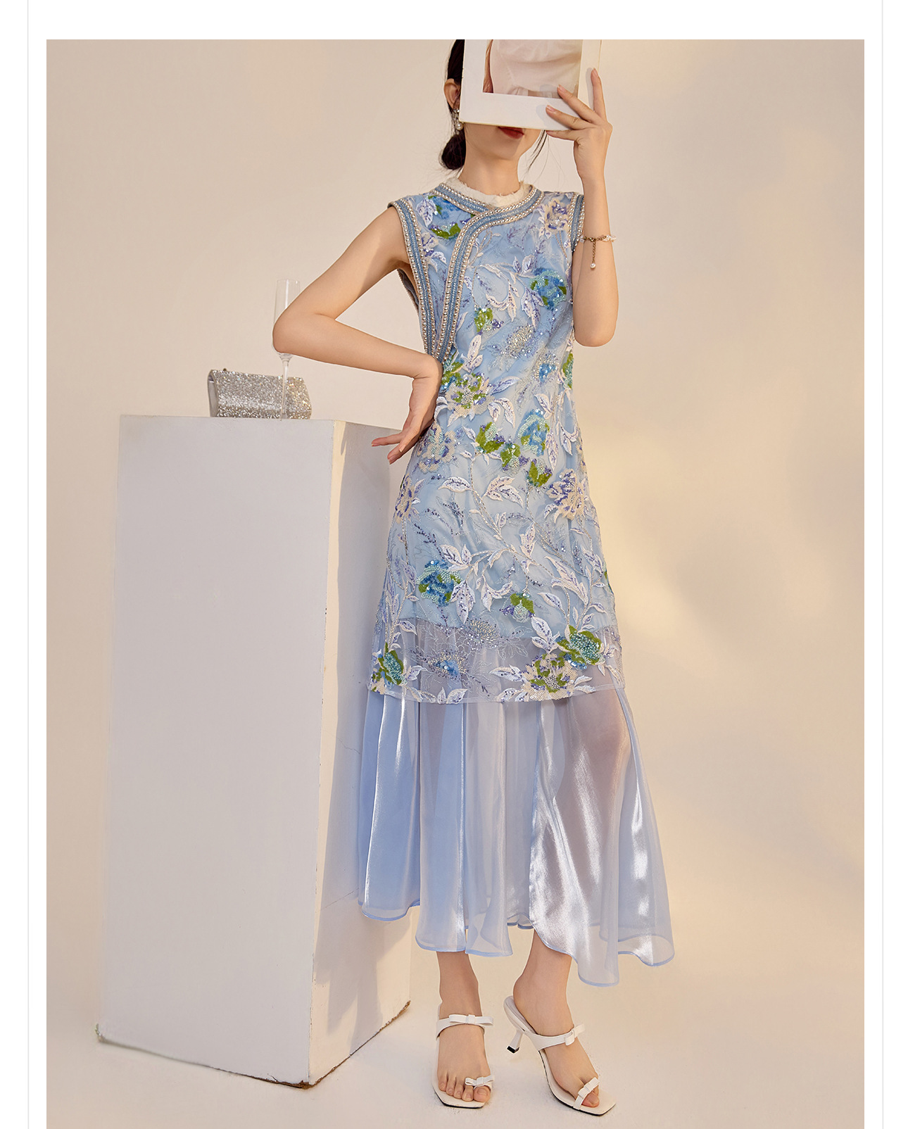 Váy sườn xám maxi thêu sequin phong cách Trung Quốc mới mùa hè N5042 — hồng, Xanh lam sông băng chi tiết 15