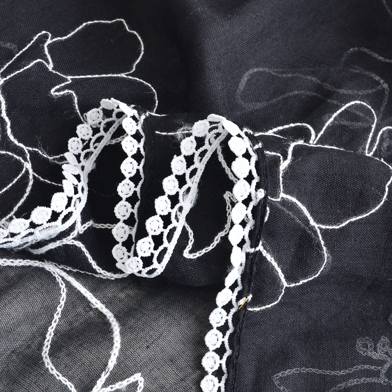 Comercio exterior nuevo color puro beige bordado algodón y lino bufanda nube tibetana viaje protección solar chal bufanda de encaje Malayo