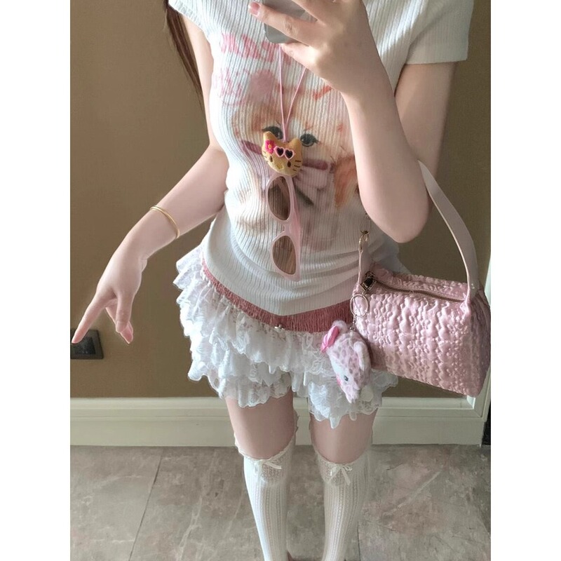Pure Lust Style ニッチリボン子猫プリント半袖 20225 夏スリムフィットトップ右肩 Tシャツ女性用|undefined