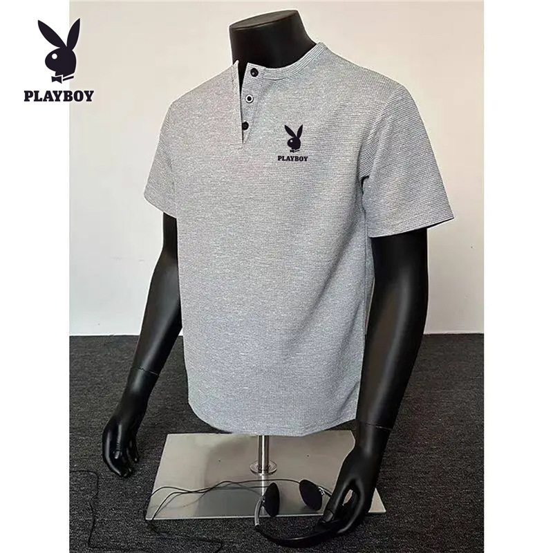 Playboy Waffle Gray Regular Shoulder Short-Sleeve T-Shirt for Men, New Summer American Vintage Style Base Shirt