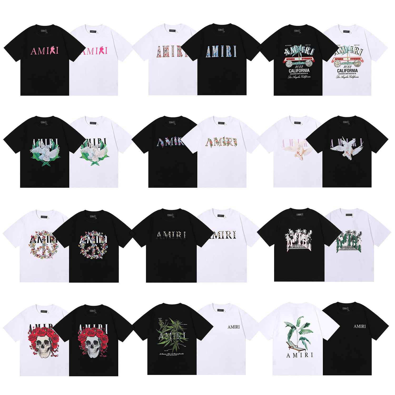 跨境批发 美潮AMIRI T-Shirt玫瑰骷髅头印花双纱纯棉短袖T恤男女