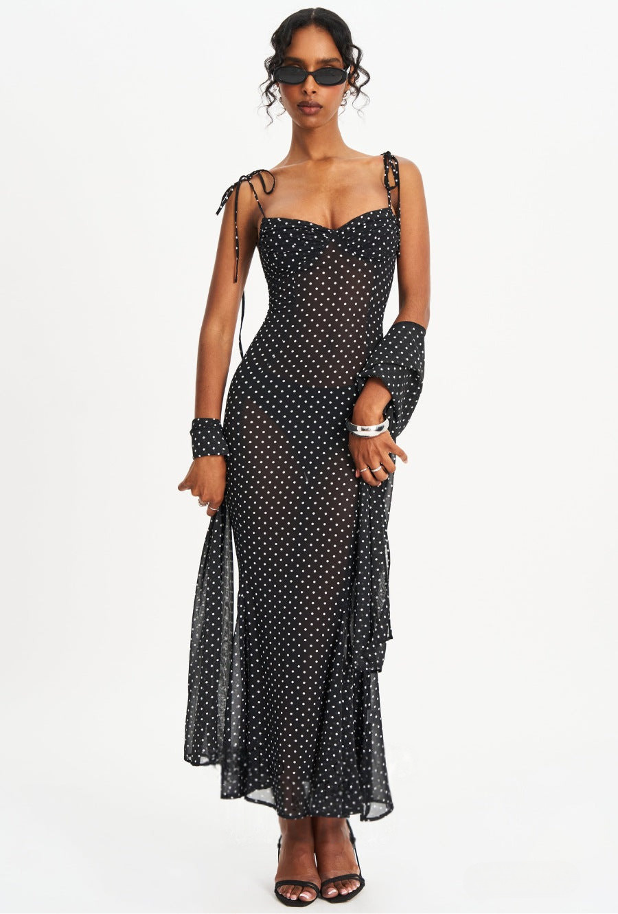 Women Elegant Spaghetti Strap Polka Dot Print Backless Dress Stylish Scarf Decor Slimming Party Vacation Dress_ecoleips.com