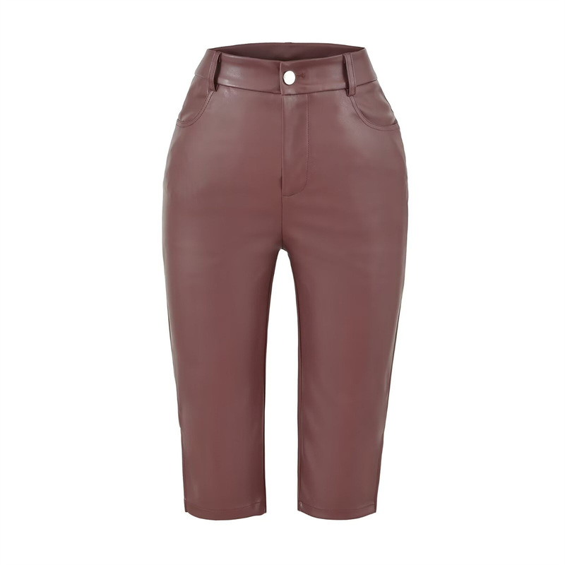 Korean Style Elegant Ol Capri Pants, High-Waisted Slim-Fit Leather Pants, Sexy Versatile Side-Slit Casual Cropped Pants