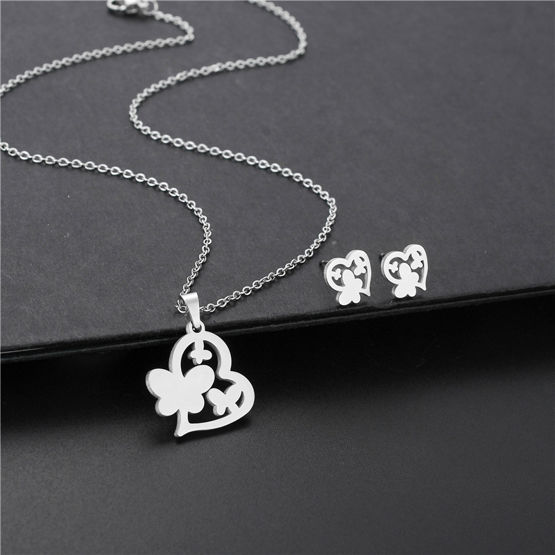 stainless steel heart-shaped necklace earrings set glossy cut love butterfly clavicle chain