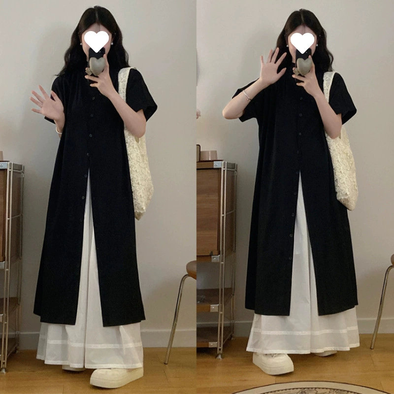 Плюс-сайз японский стиль Yamamoto ретро универсальное свободное утягивающее длинное платье-рубашка повседневный комплект с широкими брюками 100kg