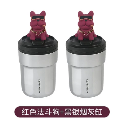 Car ashtray with light, Car ashtray - silver-black-ashtray-red-french-bulldog2-pieces