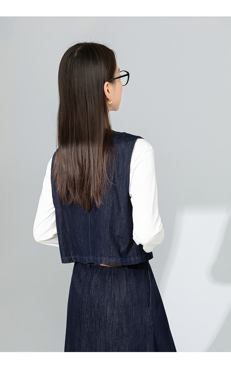 Bộ chân váy denim và áo gilê kiểu Pháp phong cách Hồng Kông, mặc nhiều lớp, thời trang dạo phố — Váy xanh 65338 chi tiết 33