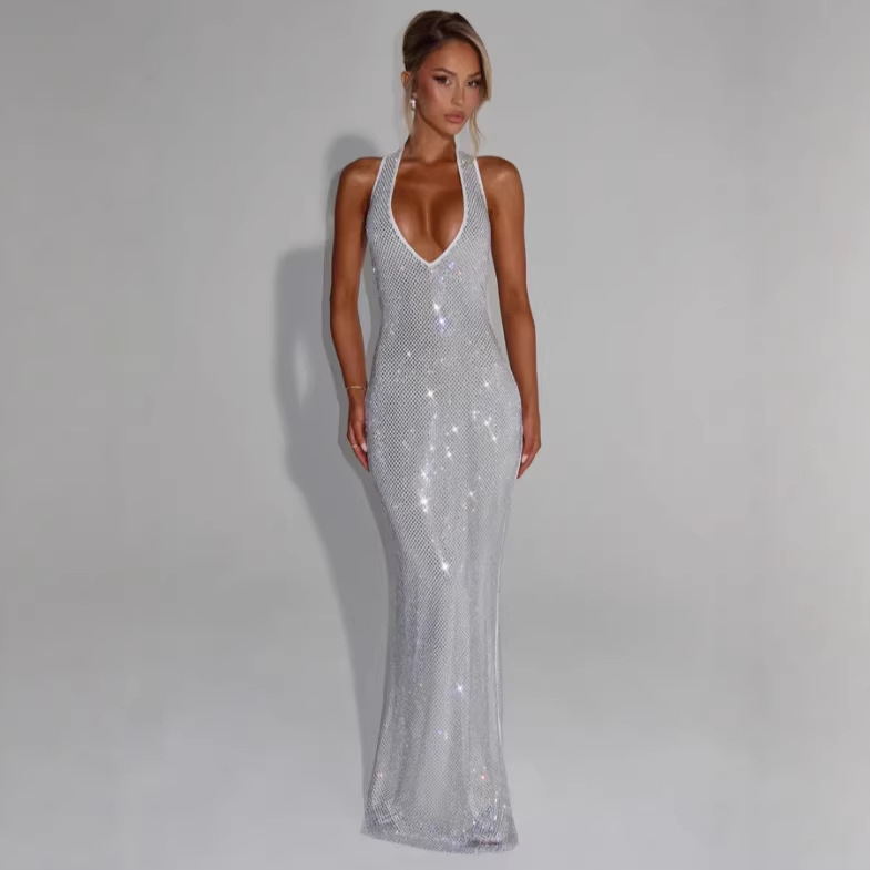 European and American Cross-Border Foreign Trade Wholesale New Women's Halter Neck Sleeveless Backless Sexy Long Dress with Sparkling Rhinestones