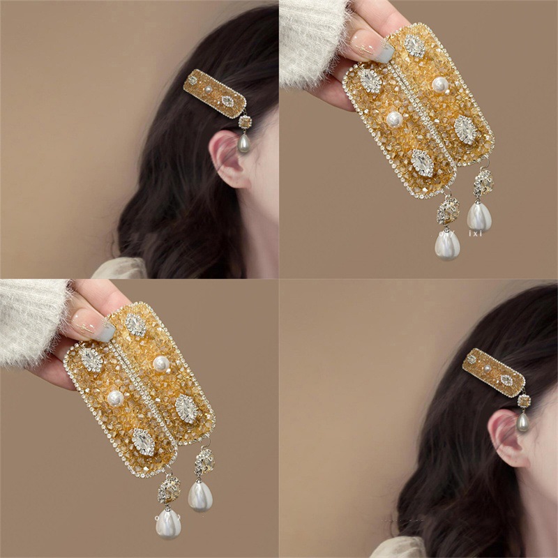 Bling! Advanced sense rhinestone hairpin! Exquisite pearl pendant edge clip temperament bangs clip travel hairpin