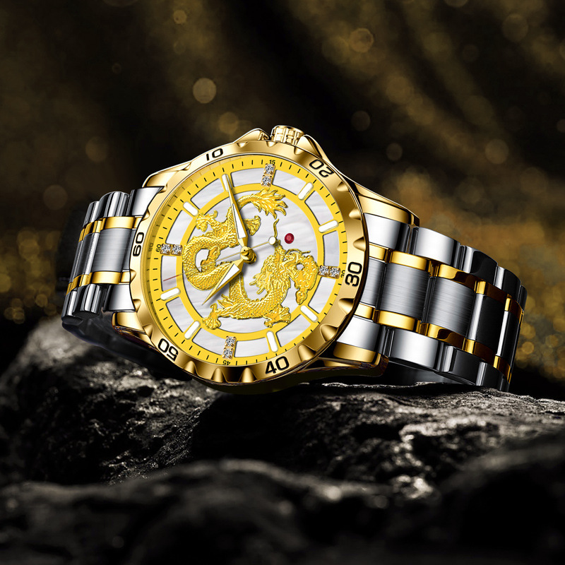 Đồng hồ nam automatic lộ máy dây thép vàng mặt trong suốt — Dây thép vàng vỏ vàng rồng 8982 (không xoay được hạt)