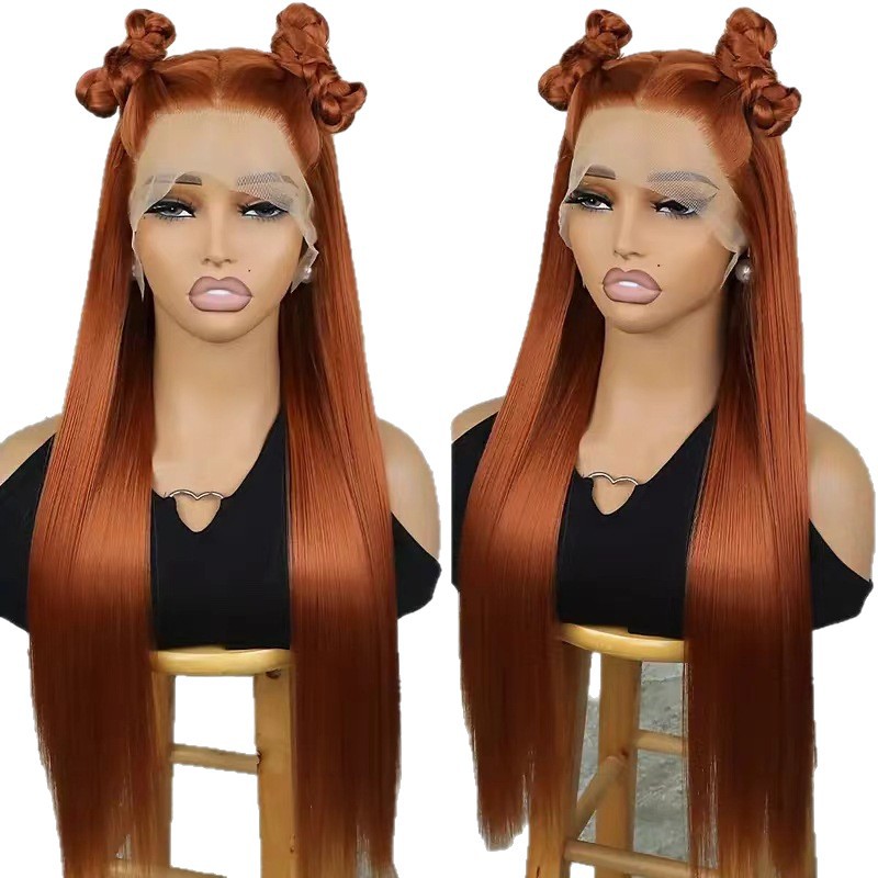 Peluca de encaje frontal de pelo largo y liso para mujer europea y americana transfronteriza, cubierta integral de fibra química transpirable natural y realista