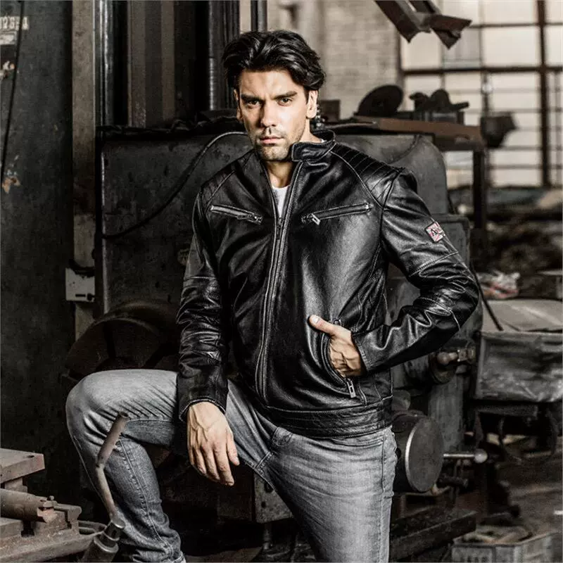 Cross -border for AVFLY to make old cowhide leather coat men standing for European and American locomotive casual embroidery leather jackets
