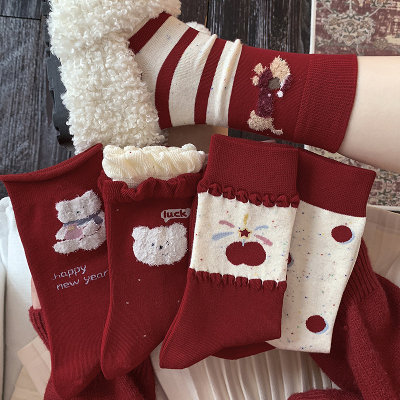 Painted Berry Red Series Socks for Women, New Korean Style Bear Design, Versatile Stacked Socks for Autumn and Winter, Campus Jk Women's Socks