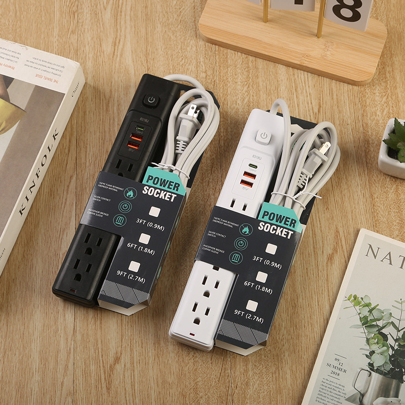 5 orificios 2USB + 1PD tarjeta de papel paquete de caja negra caja blanca interruptor general estándar estadounidense