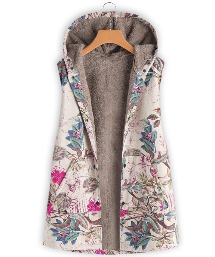 Women's Retro Cotton Linen Printed Casual Hooded Autumn Winter Warm Sleeveless Top Plush Coat Vest