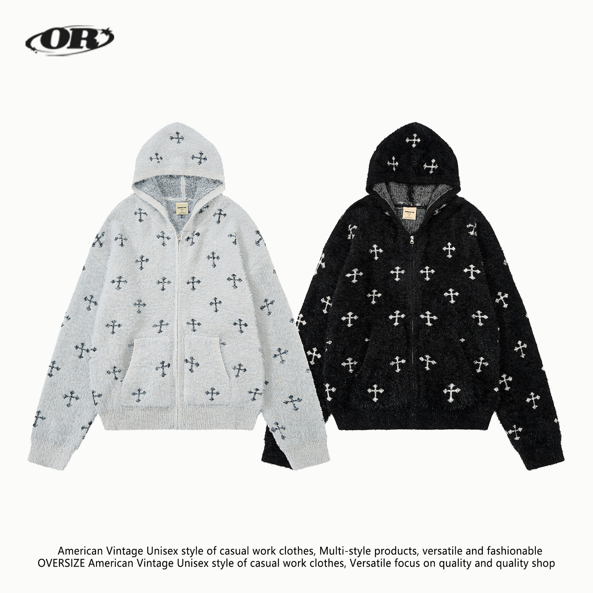 Oreeta American Street Cross Jacquard Hooded Sweater Jacket for Men and Women Soft and Lazy Knitted Cardigan