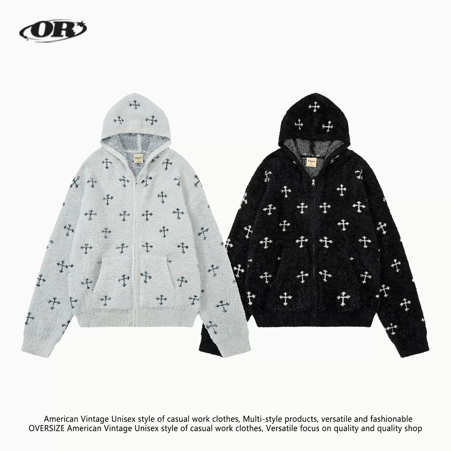 OREETA美式街头十字架提花连帽毛衣外套男女款软糯慵懒感针织开衫
