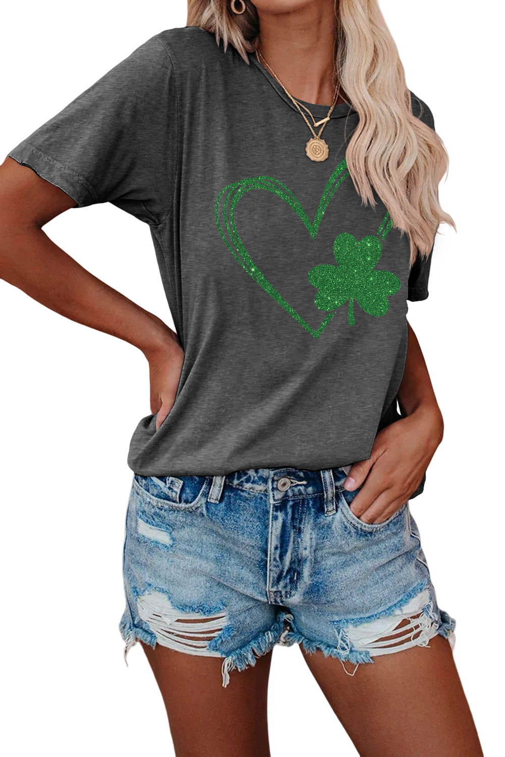 Fashion Shamrock Heart Shape Polyester Round Neck Short Sleeve Regular Sleeve Printing T-shirt