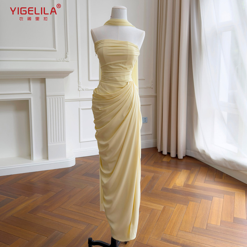 European and American style asymmetrical diagonal pleated sexy off-shoulder dress, waist-cinching slim-fit strapless long gown 69704