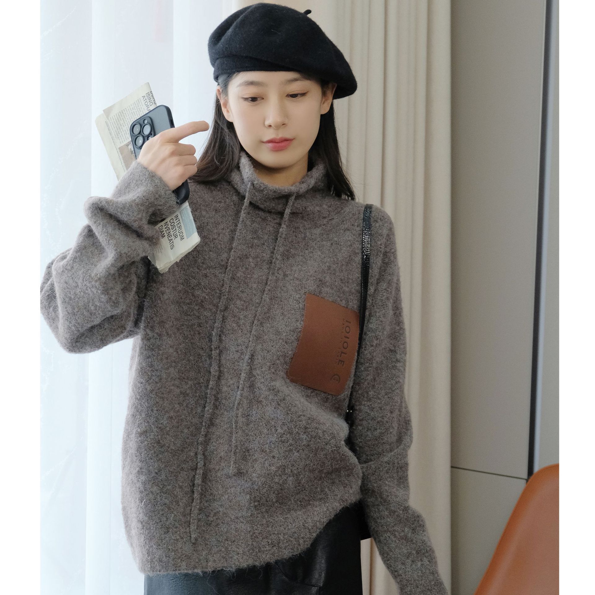 Niche design! Chest genuine leather label Sheep wool+Yak Loop yarns knitting Cardigan Hooded sweater
