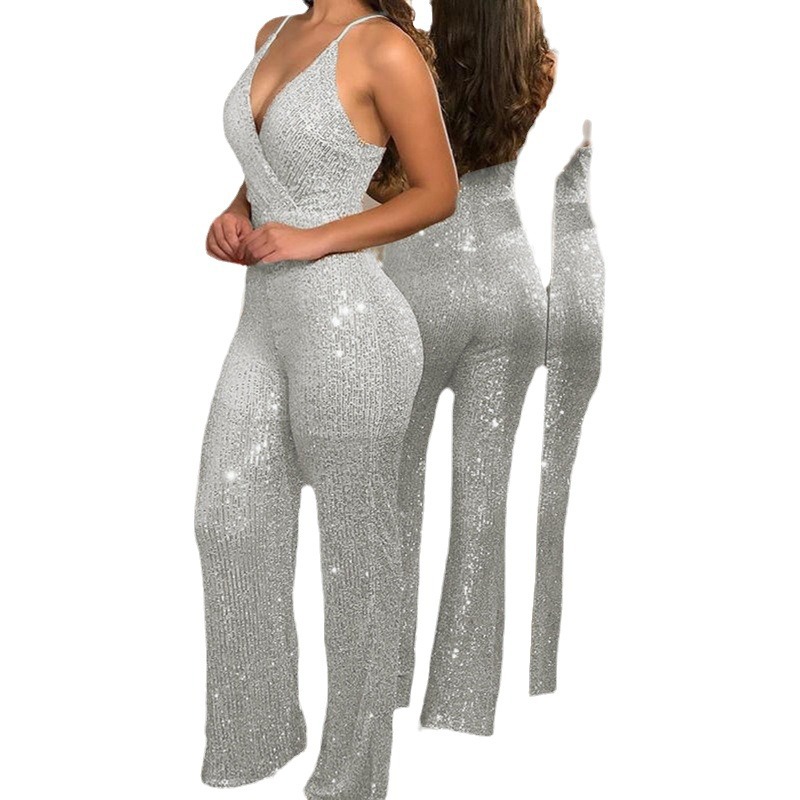 Venta caliente de las mujeres europeas y americanas sexy tirantes ajustados con lentejuelas con cuello en V mono delgado 9630