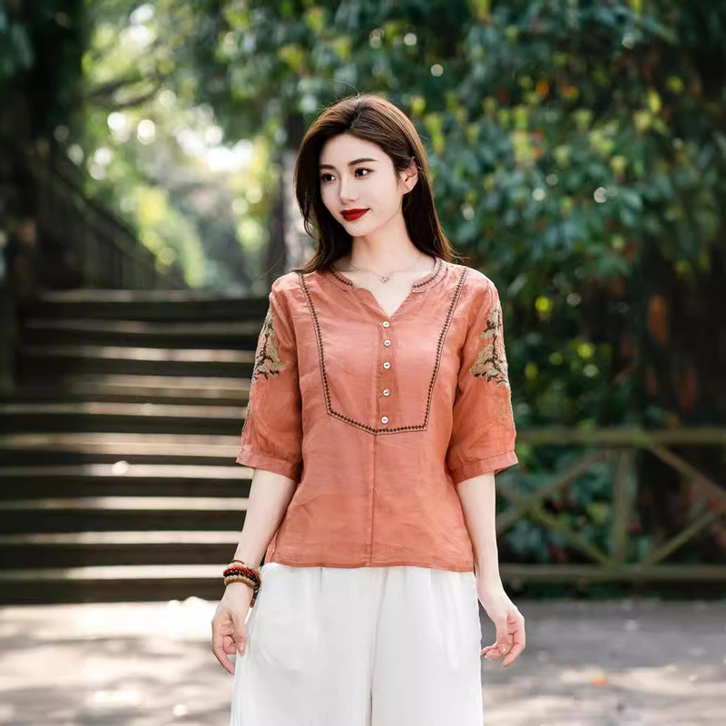 2024 Summer New Cotton and Linen Retro Artistic Retro Embroidered Small Collar Embroidered Sleeve Shirt Pullover Top