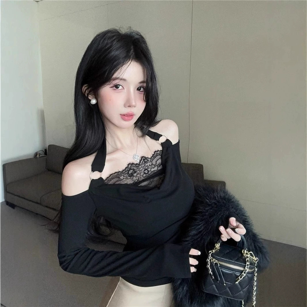 Трансграничные/новые чистые сексуальные топы с шеей на плечах женские весенние и осенние поддельные две футболки с длинными рукавами кружева нижняя рубашка