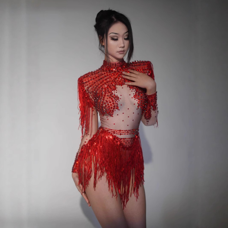 Sexy Tight Jumpsuit Nanny New One-Piece High-Cut Rhinestone Pearl Tassel Stage Performance Costume Sexy Tight Jumpsuit Nanny New One-Piece High-Cut Rhinestone Pearl Tassel Stage Performance Costume