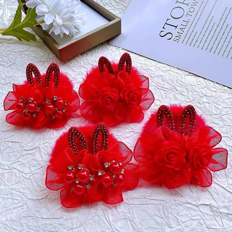 Año Nuevo accesorios para el cabello para niños pelucas rojas flores anillo de cabello orejas de conejo rosas perlas cuerda de cabeza para niñas bebés de vacaciones