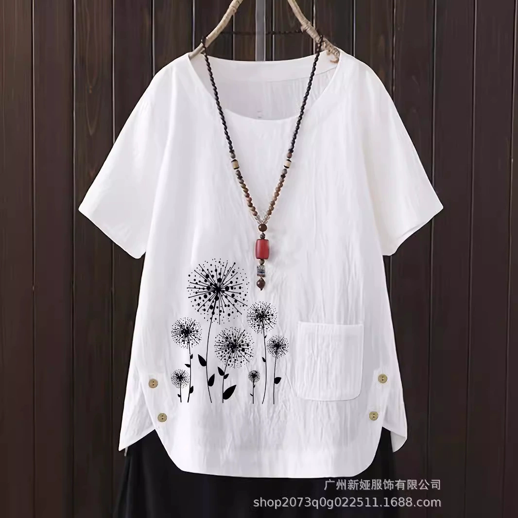 Летняя новая модель большого размера повседневная свободная хлопчатобумажная и льняная печать с короткими рукавами футболка ватная и льна женская одежда