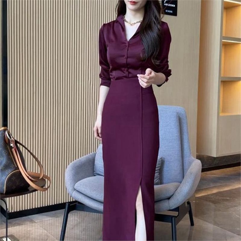 2025春夏女装新款V领长袖衬衫套装高腰气质开叉半身裙时尚两件套|undefined