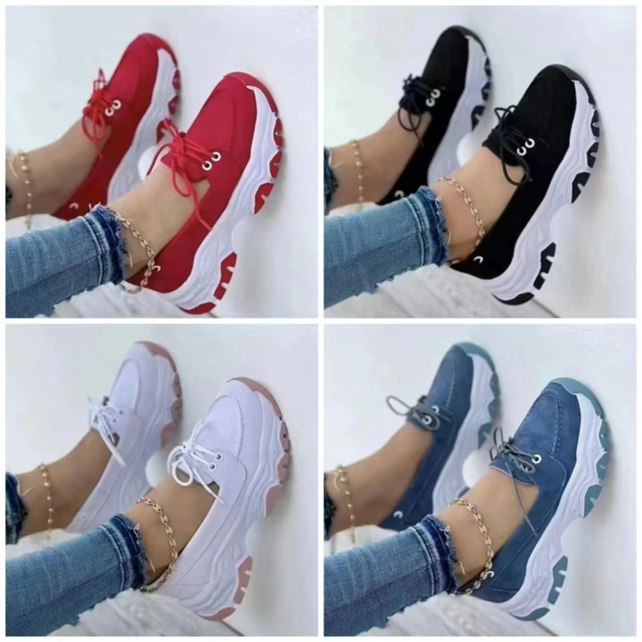 Cross-border Foreign Trade plus size Shoes Women's Spring and Autumn New Round-toe Thick Bottom Low-top Lace-up Flat Casual sneaker Women