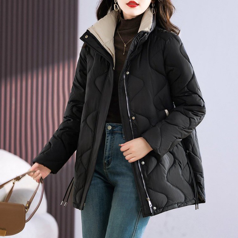 Invierno nuevo abrigo de algodón de pluma para mujeres largo estilo de cuello coreano suelto de madres de mediana edad abrigo de algodón simple ocio