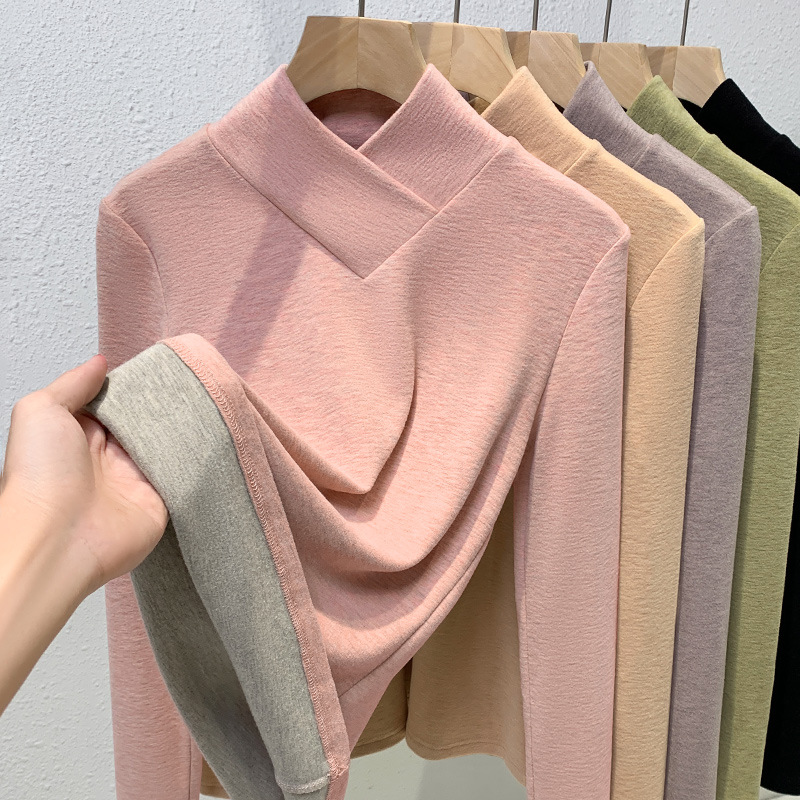 La mitad de las mujeres de terciopelo de cuello alto camisa de fondo 2023 nuevo estilo occidental de las mujeres cuello superpuesto cepillado camiseta caliente interior superior image 8
